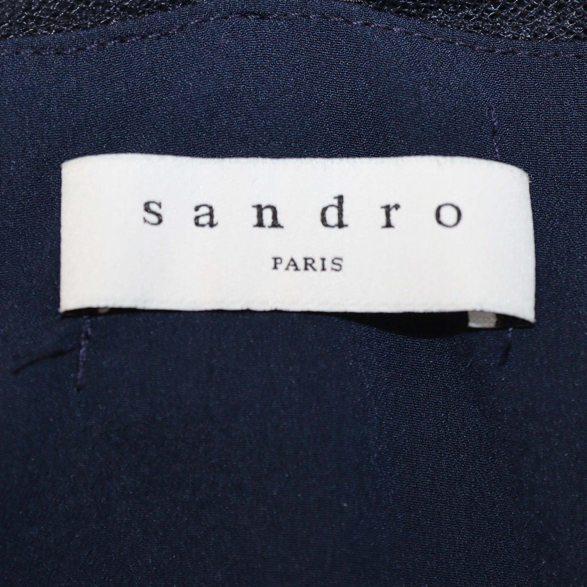 Sandro Navy Blue Pleated Elastic Waist Midi Dress