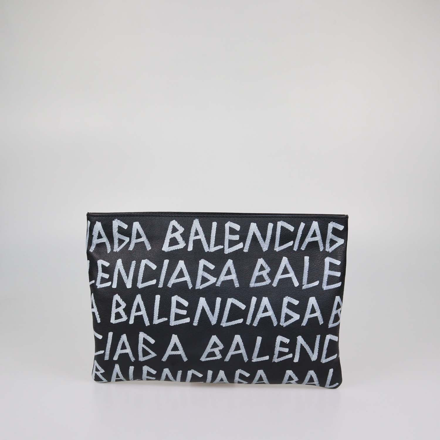 Balenciaga Black Leather Graffiti Zip Pouch