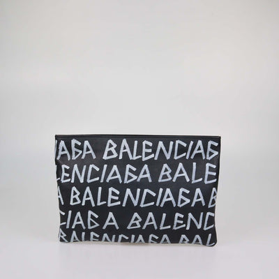 Balenciaga Black Leather Graffiti Zip Pouch