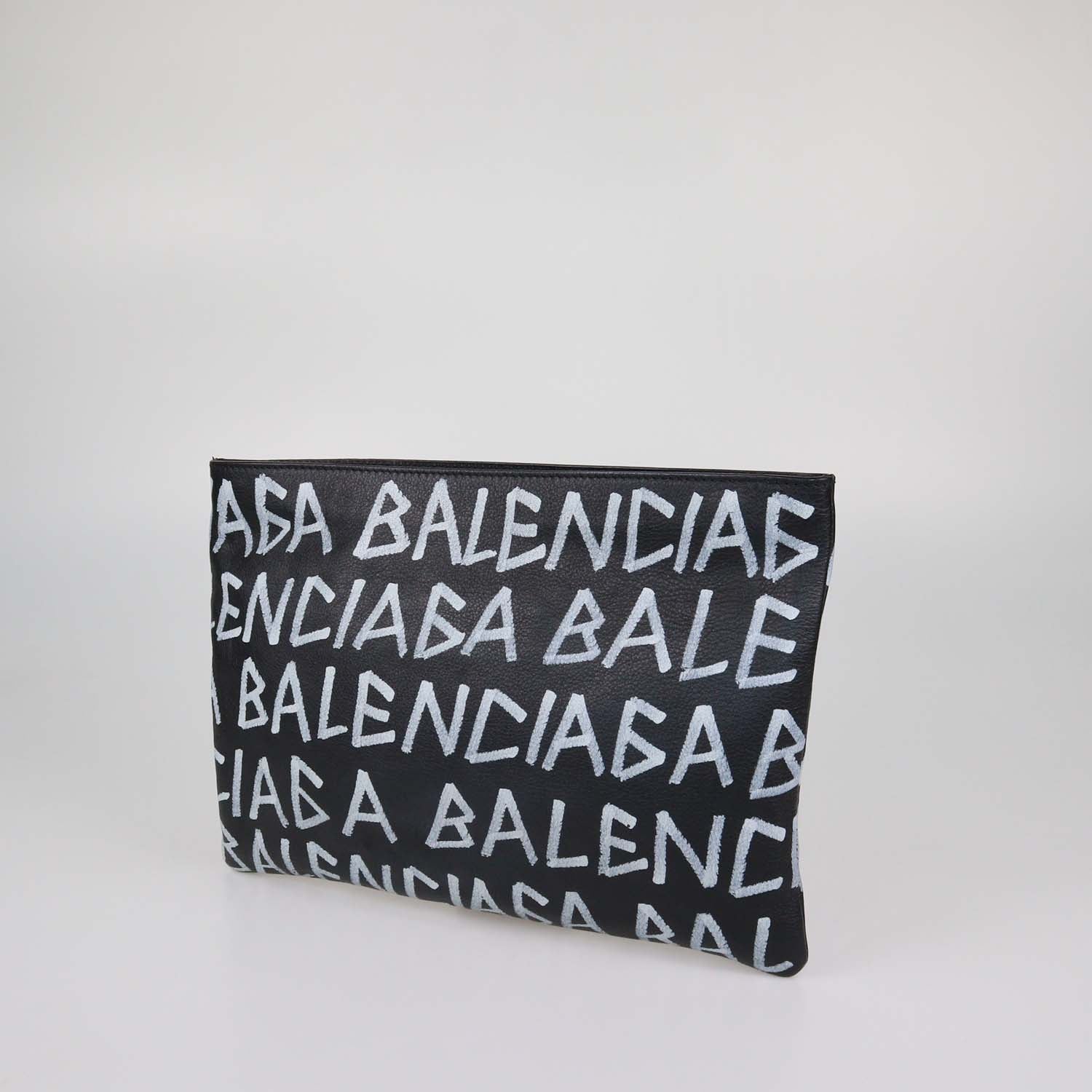 Balenciaga Black Leather Graffiti Zip Pouch