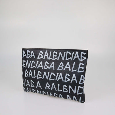 Balenciaga Black Leather Graffiti Zip Pouch