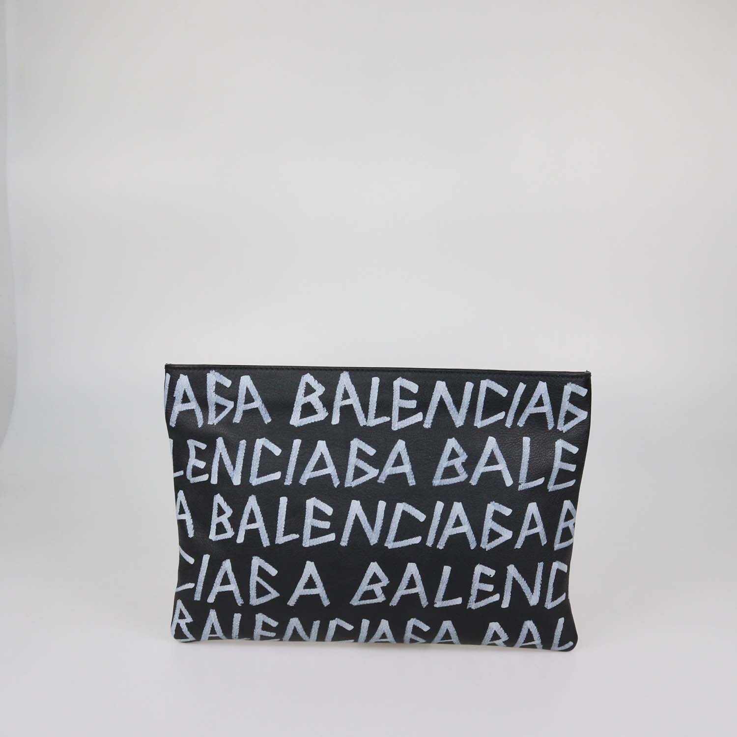 Balenciaga Black Leather Graffiti Zip Pouch