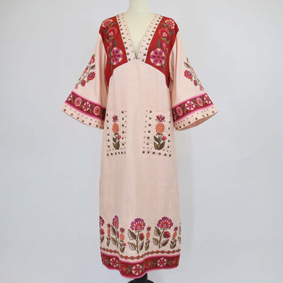 Farm Rio Multicolor Linen Nature Embroidered V Neckline Tunic Maxi Dress