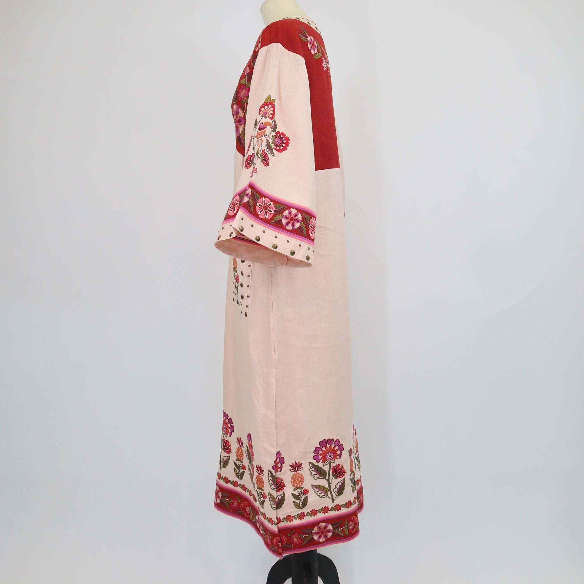 Farm Rio Multicolor Linen Nature Embroidered V Neckline Tunic Maxi Dress