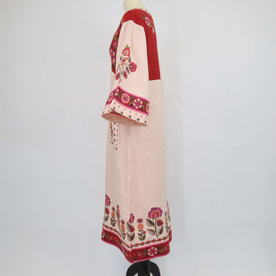 Farm Rio Multicolor Linen Nature Embroidered V Neckline Tunic Maxi Dress