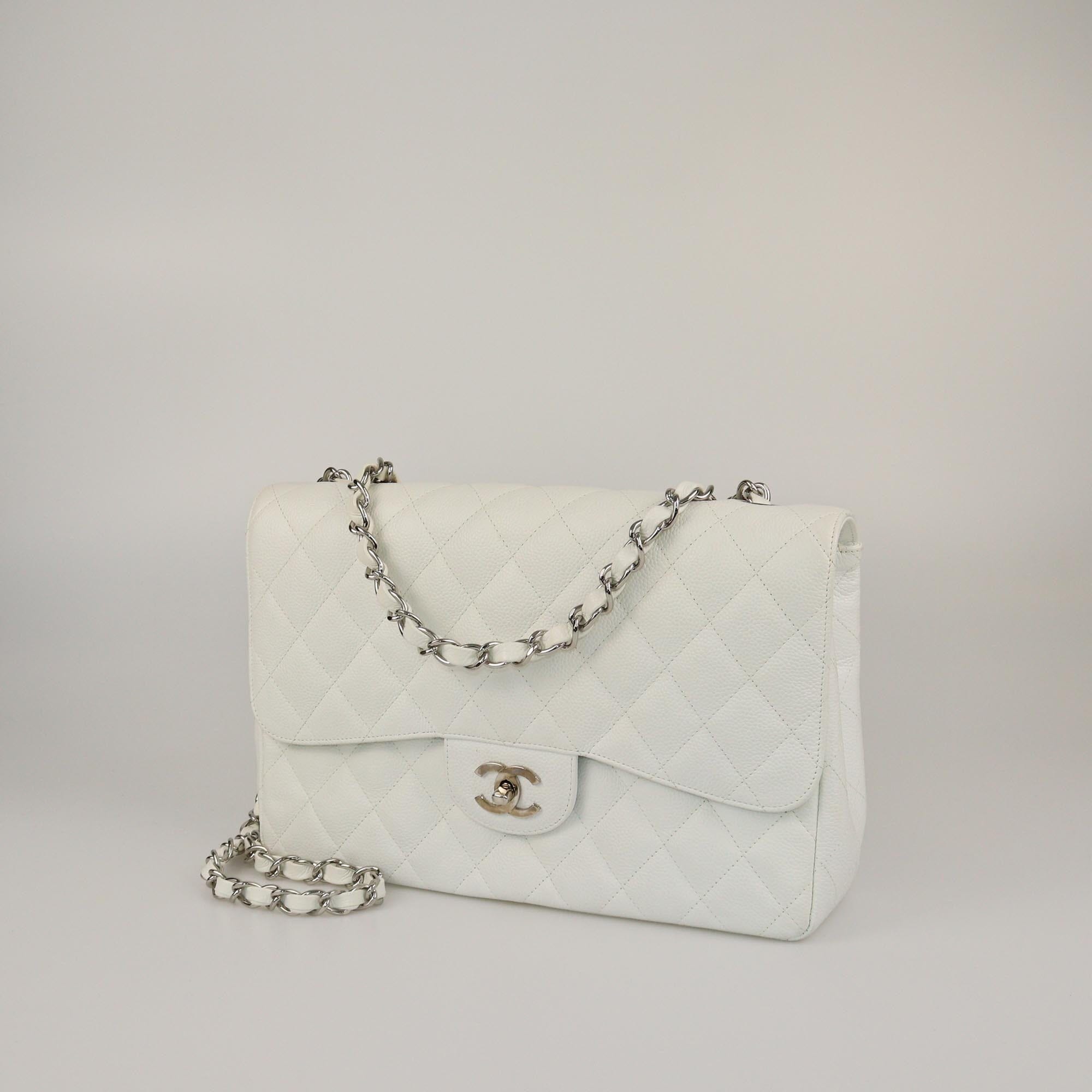Chanel White Quilted Caviar Jumbo Classic Sungle Flap Bag Womens Chanel 