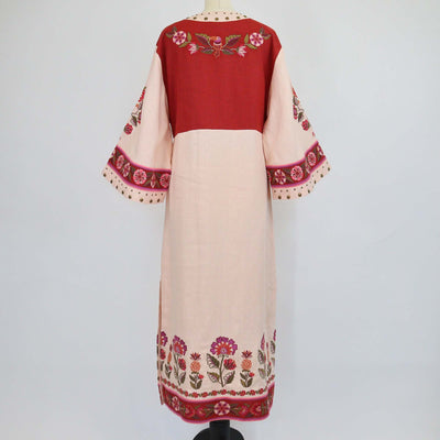 Farm Rio Multicolor Linen Nature Embroidered V Neckline Tunic Maxi Dress