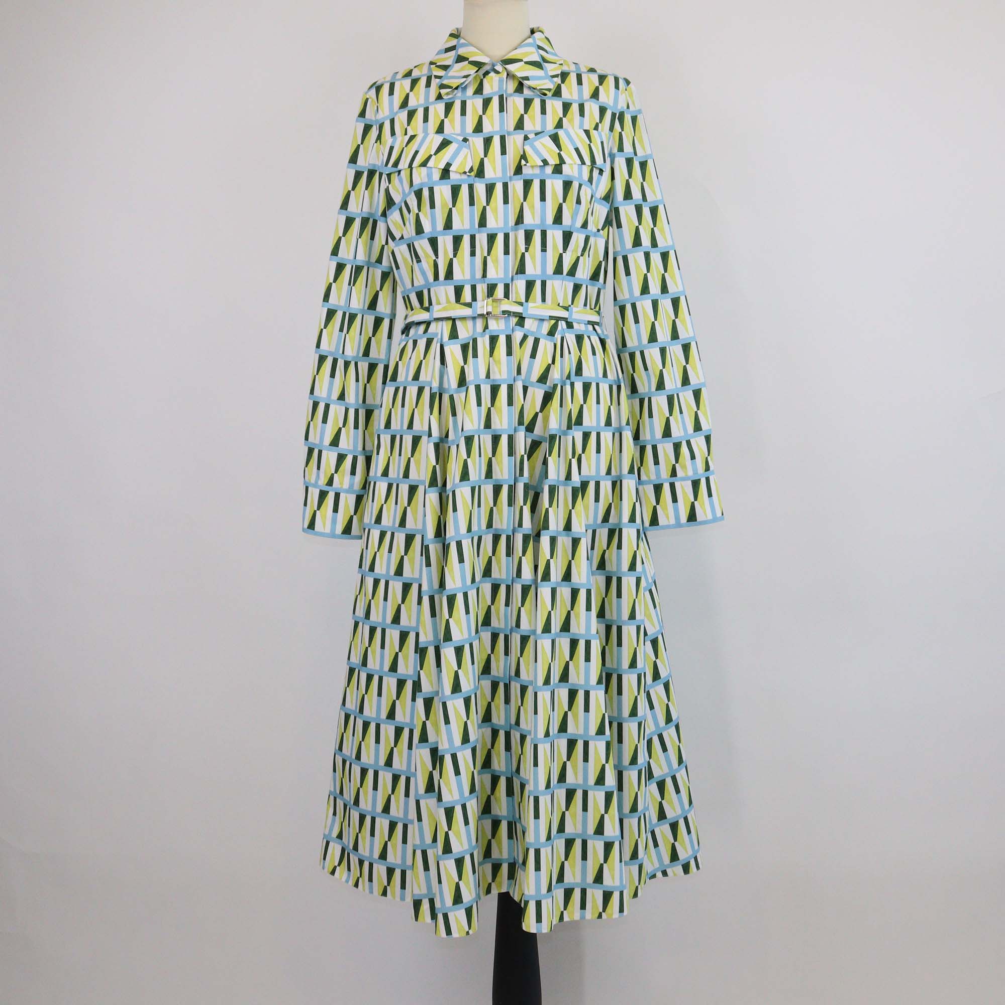 Emilia Wickstead Multicolor Cotton Geometric Printed Long Sleeve Belted Midi Dress