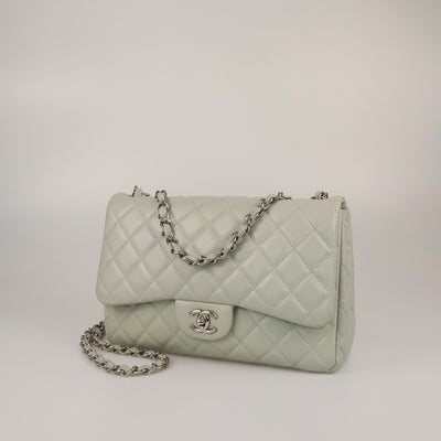 Chanel Mint Green Quilted Caviar Jumbo Classic Sungle Flap Bag Womens Chanel 