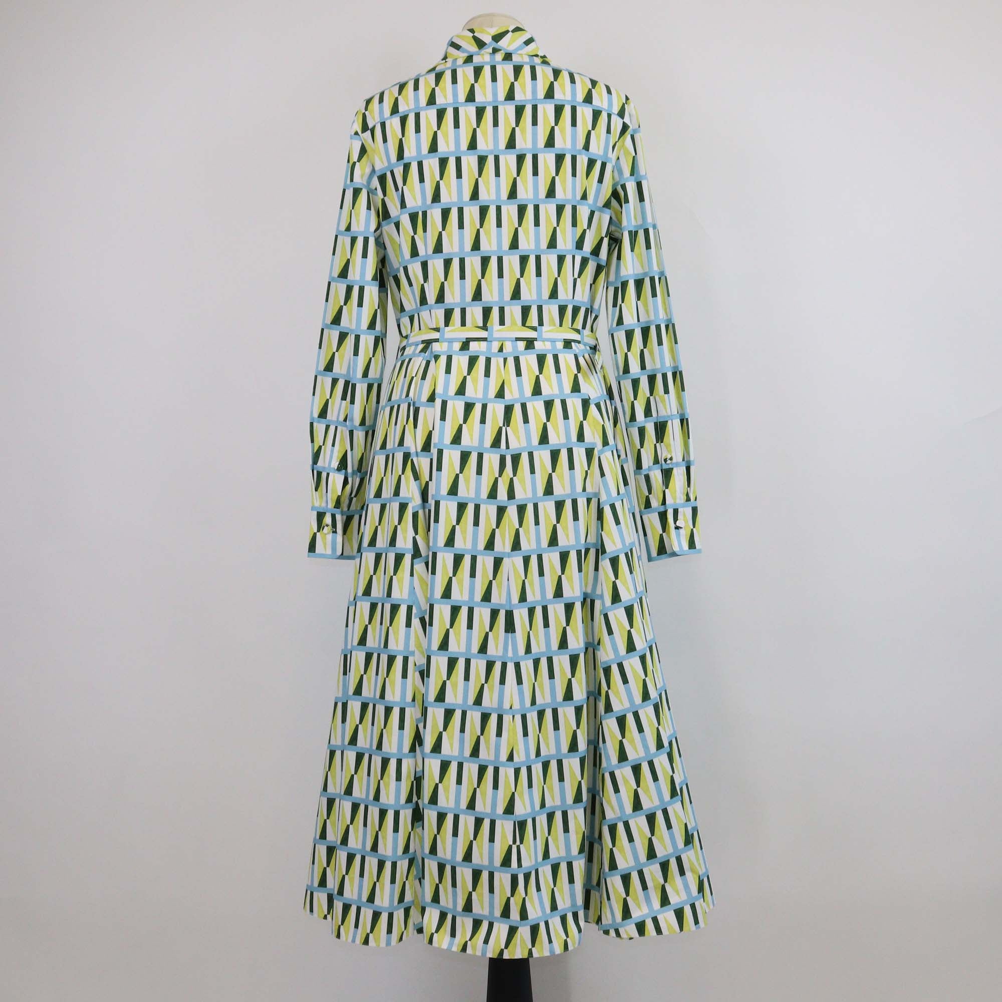 Emilia Wickstead Multicolor Cotton Geometric Printed Long Sleeve Belted Midi Dress