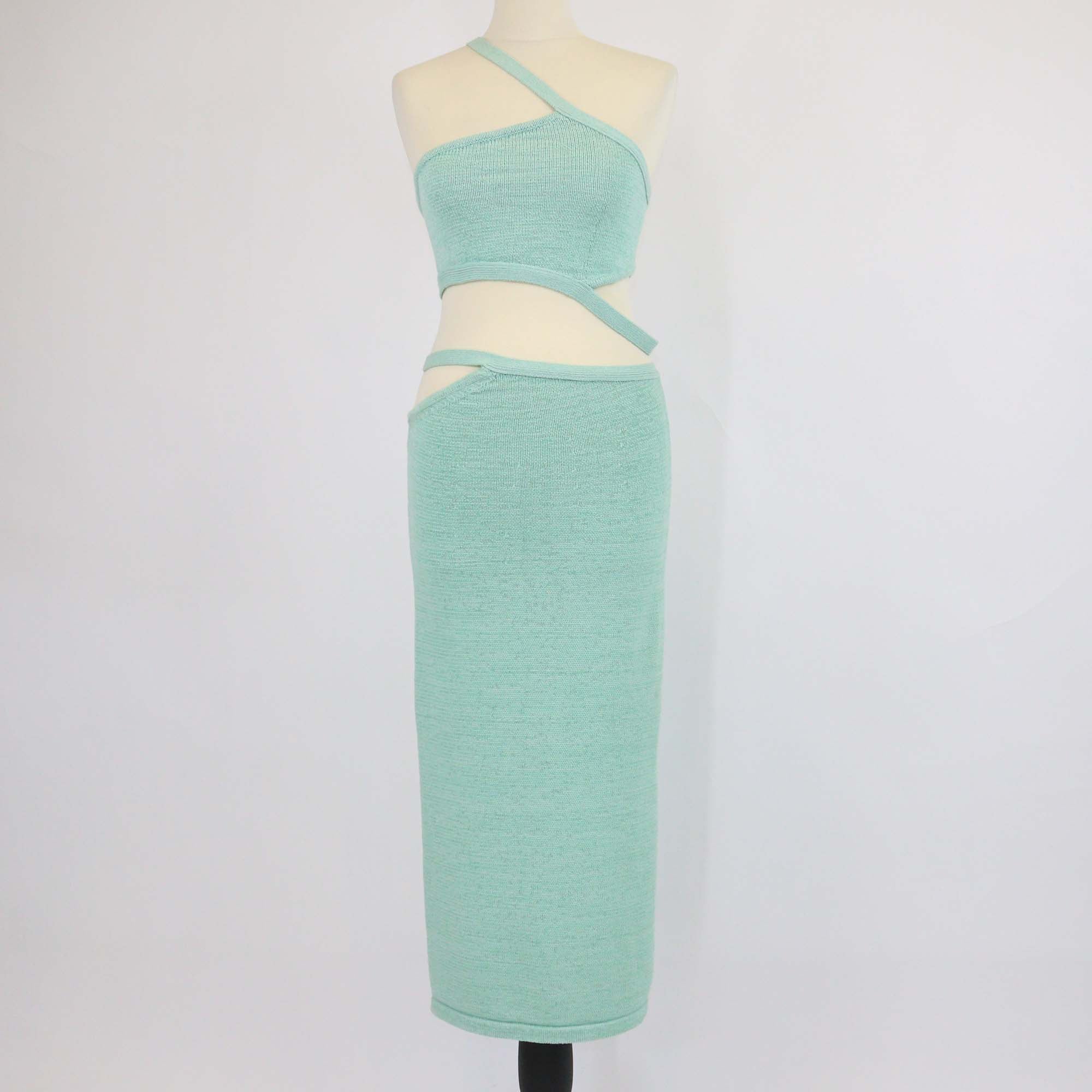 Cult Gaia Green Blend Cotton Knitted Chaya Cutout Detail Top & Skirt Set