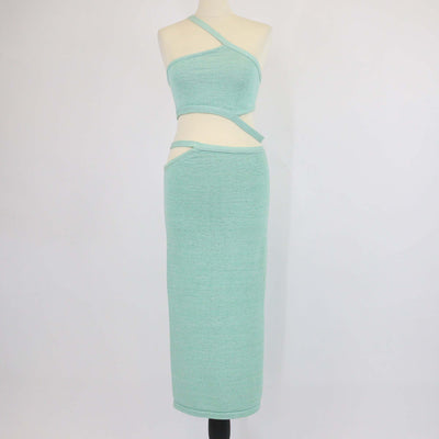 Cult Gaia Green Blend Cotton Knitted Chaya Cutout Detail Top & Skirt Set