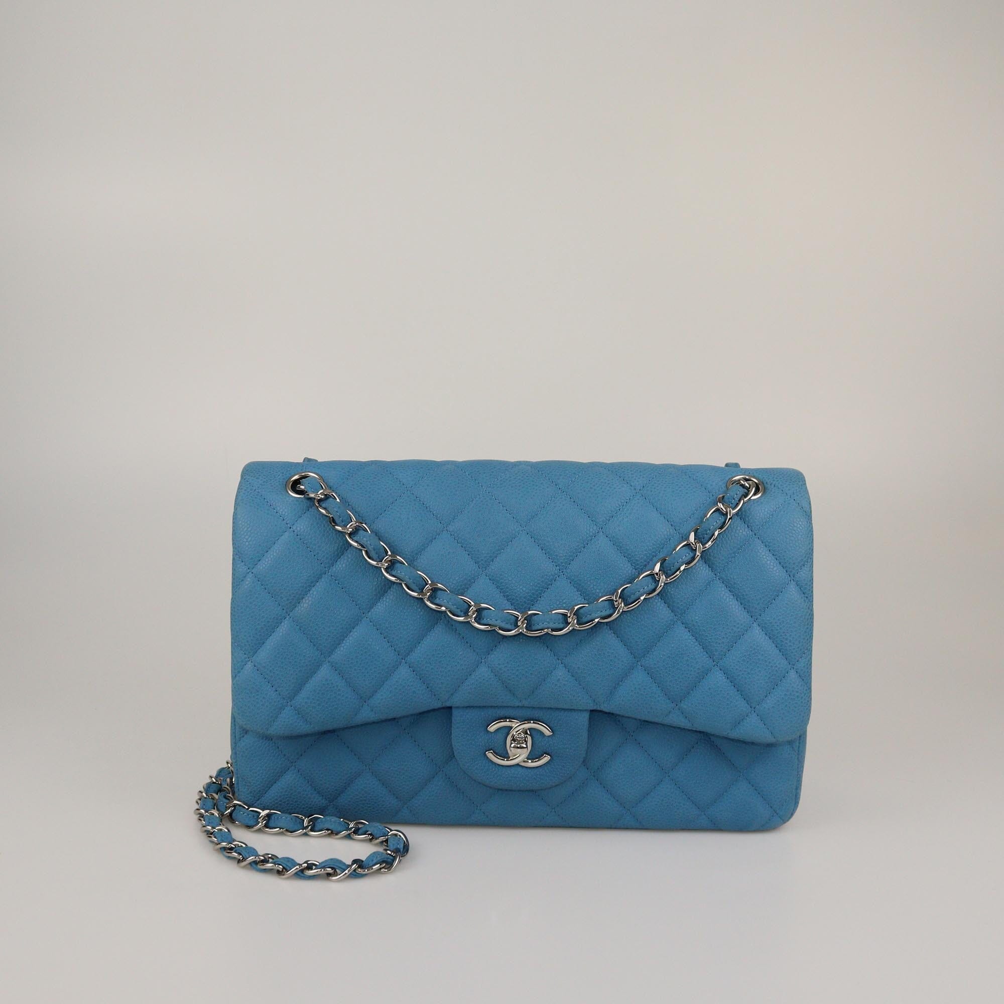 Chanel Blue Quilted Caviar Jumbo Classic Double Flap Bag