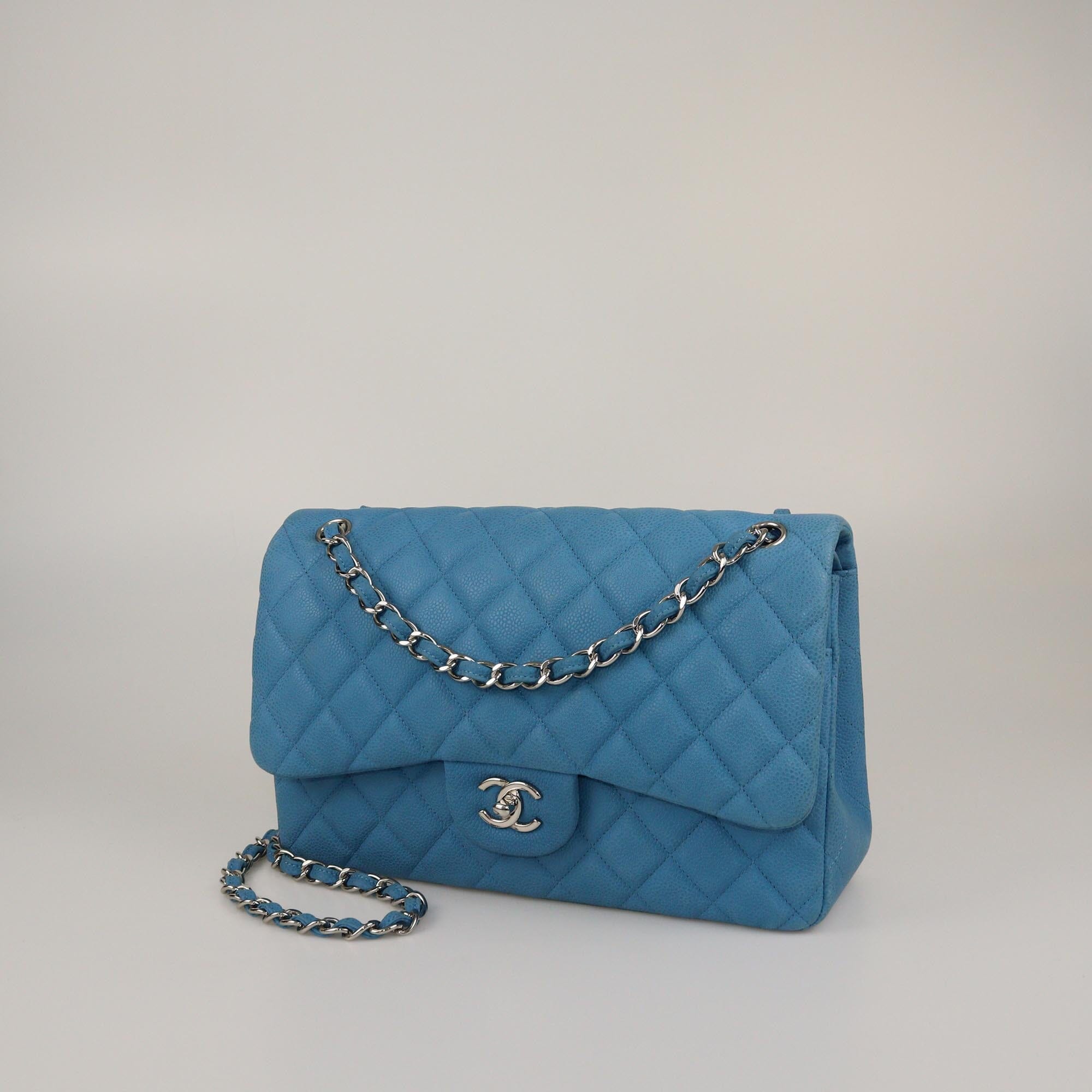 Chanel Blue Quilted Caviar Jumbo Classic Double Flap Bag
