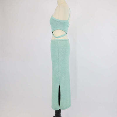 Cult Gaia Green Blend Cotton Knitted Chaya Cutout Detail Top & Skirt Set