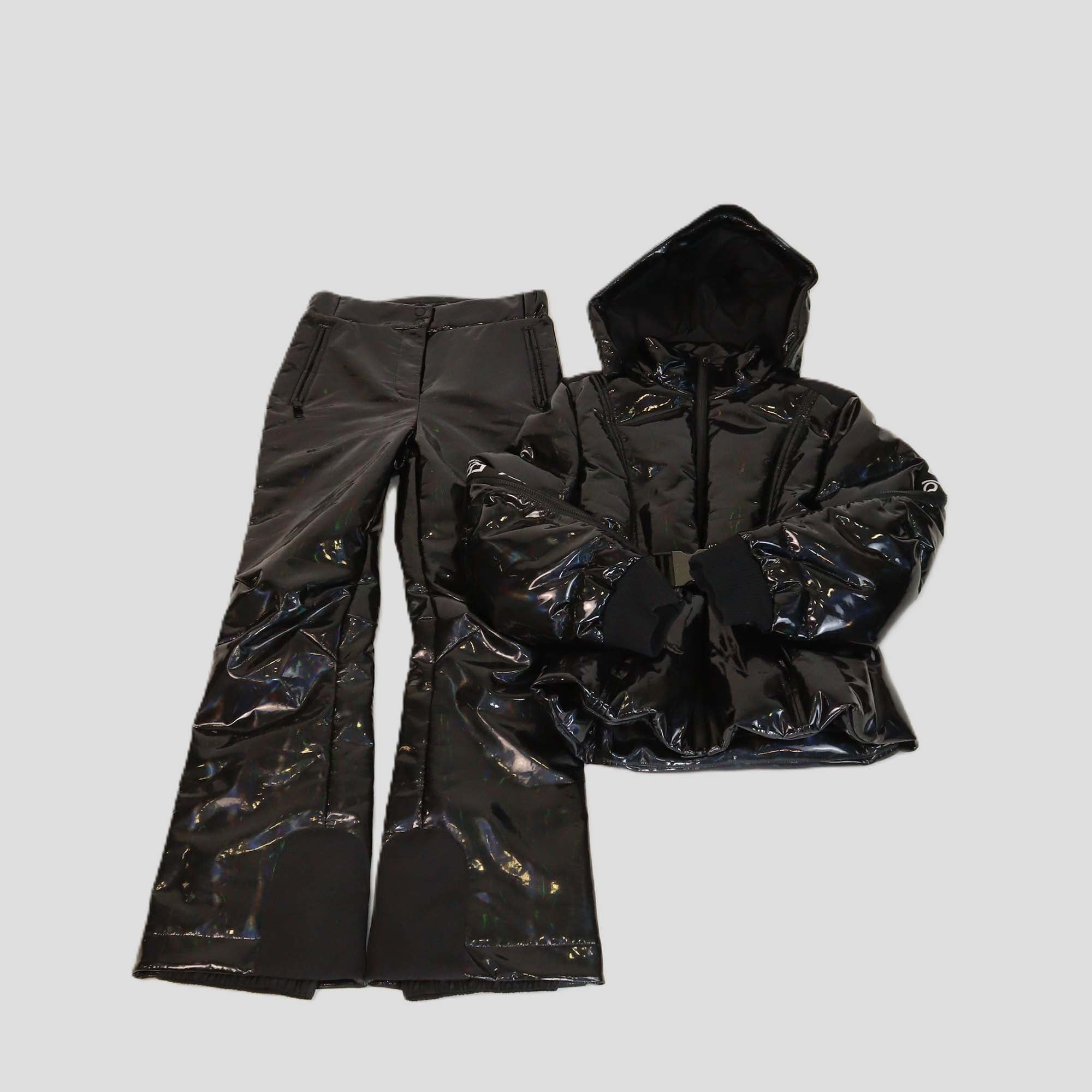 Fendi Black Holographic PU Leather Puffer Down Ski Jacket & Ski Pants Set