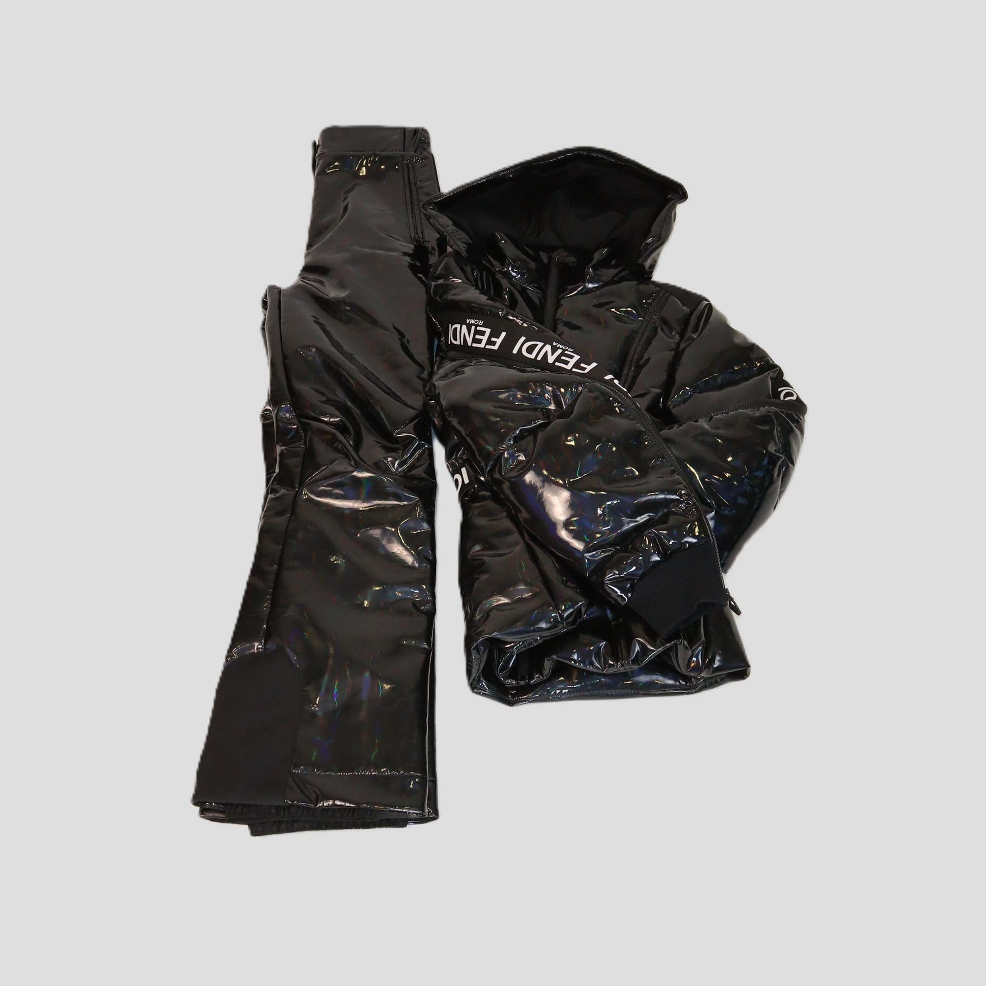 Fendi Black Holographic PU Leather Puffer Down Ski Jacket & Ski Pants Set