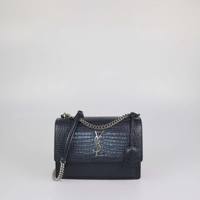 Saint Laurent Dark Grey Croc Embossed Leather Medium Sunset Shoulder Bag
