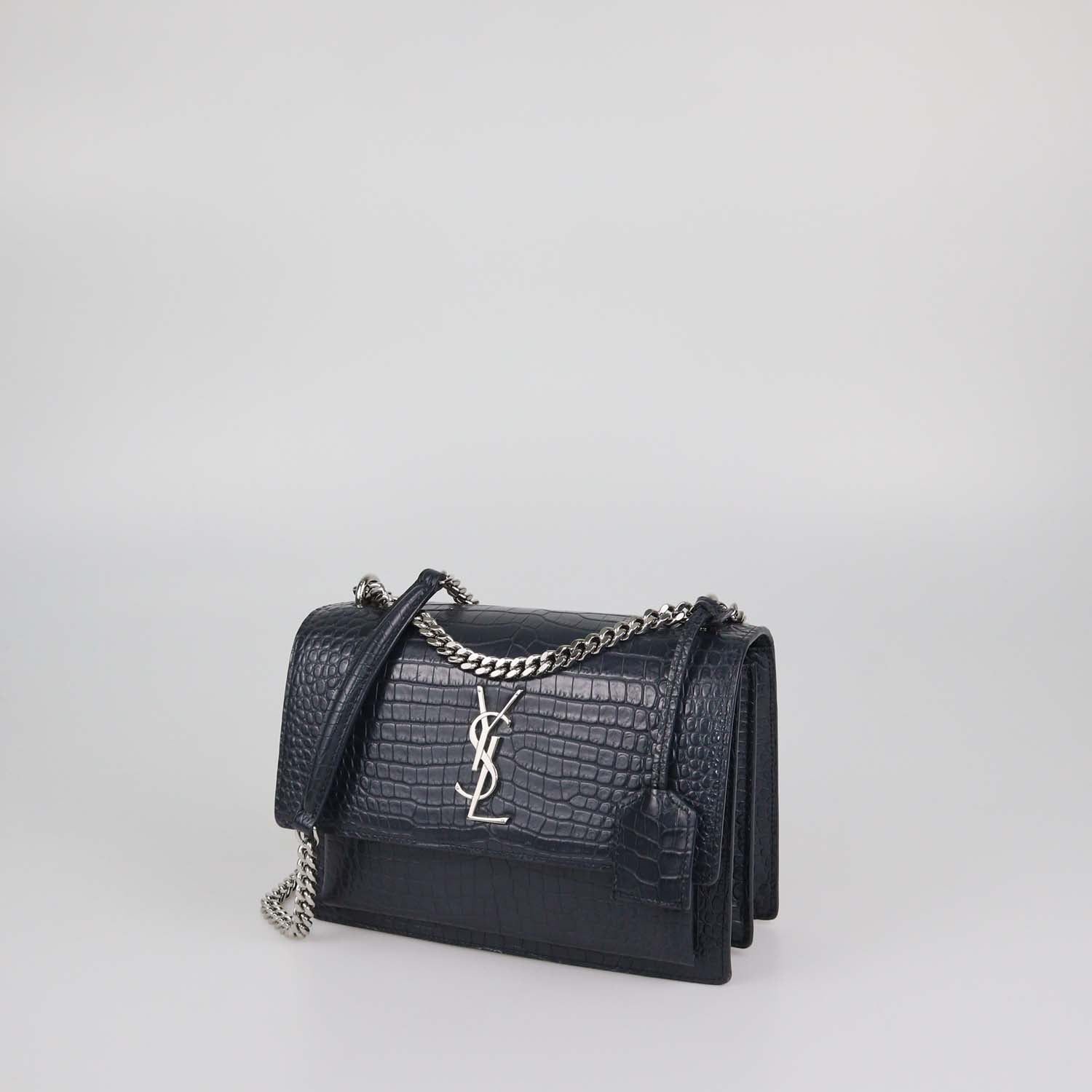 Saint Laurent Dark Grey Croc Embossed Leather Medium Sunset Shoulder Bag