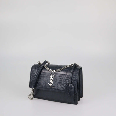 Saint Laurent Dark Grey Croc Embossed Leather Medium Sunset Shoulder Bag