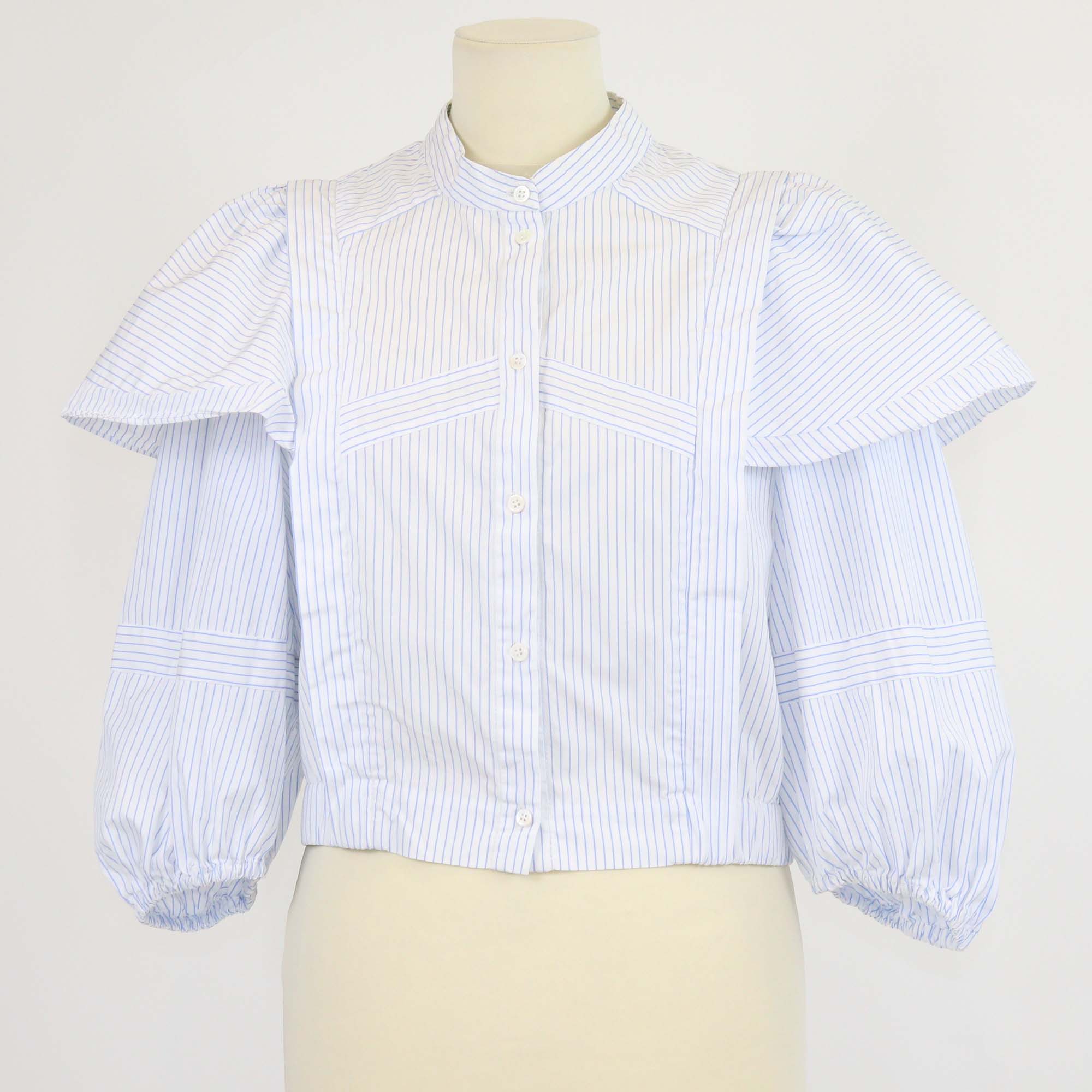 Sandro White/Blue Striped Cotton Three Quarter Sleeve Cropped Shirt