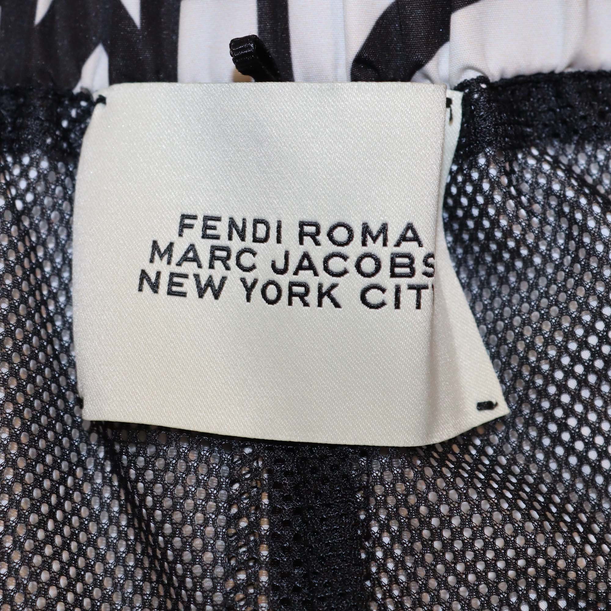 Fendi x marc Jacobs White/Black All Over Print Cropped Hooded Jacket & Drawstring Side Zip Pants Set