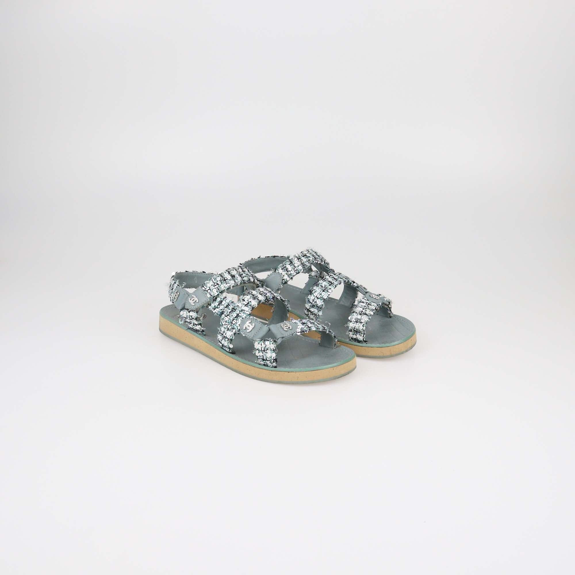 Chanel Green Tweed and Sequins Sandals Womens Chanel 