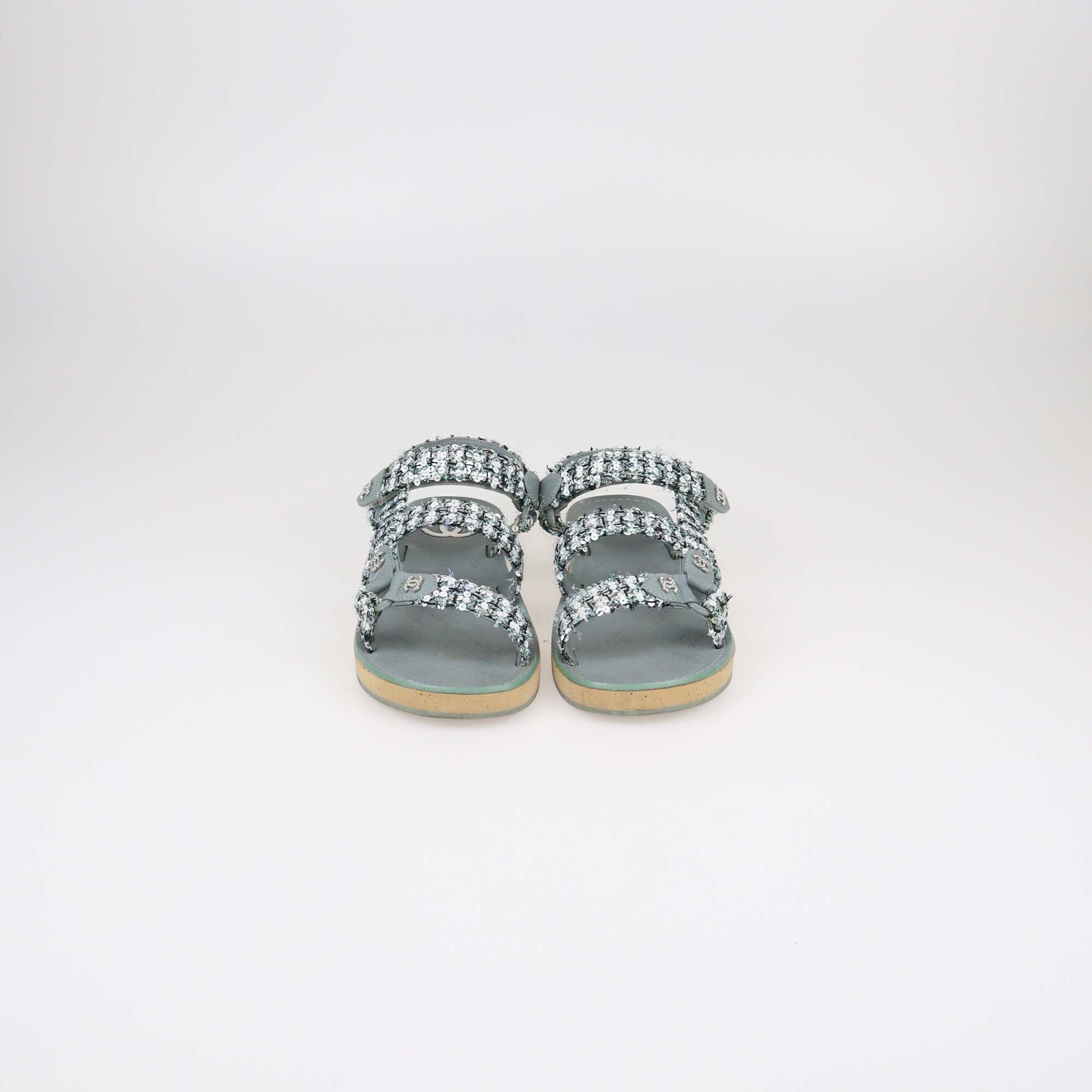 Chanel Green Tweed and Sequins Sandals Womens Chanel 