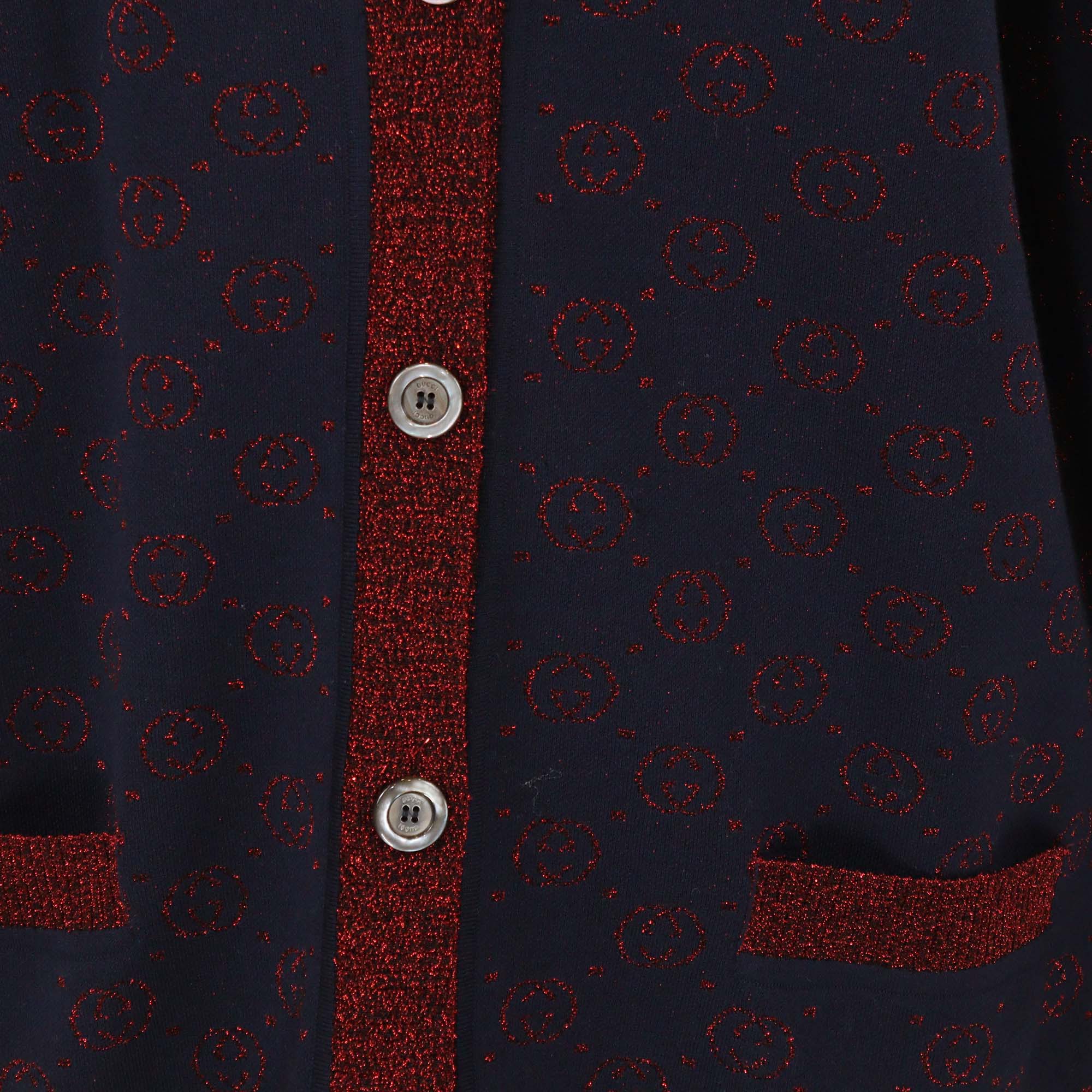 Gucci Navy Blue/Metallic Red GG Blend Wool Button Front Cardigan