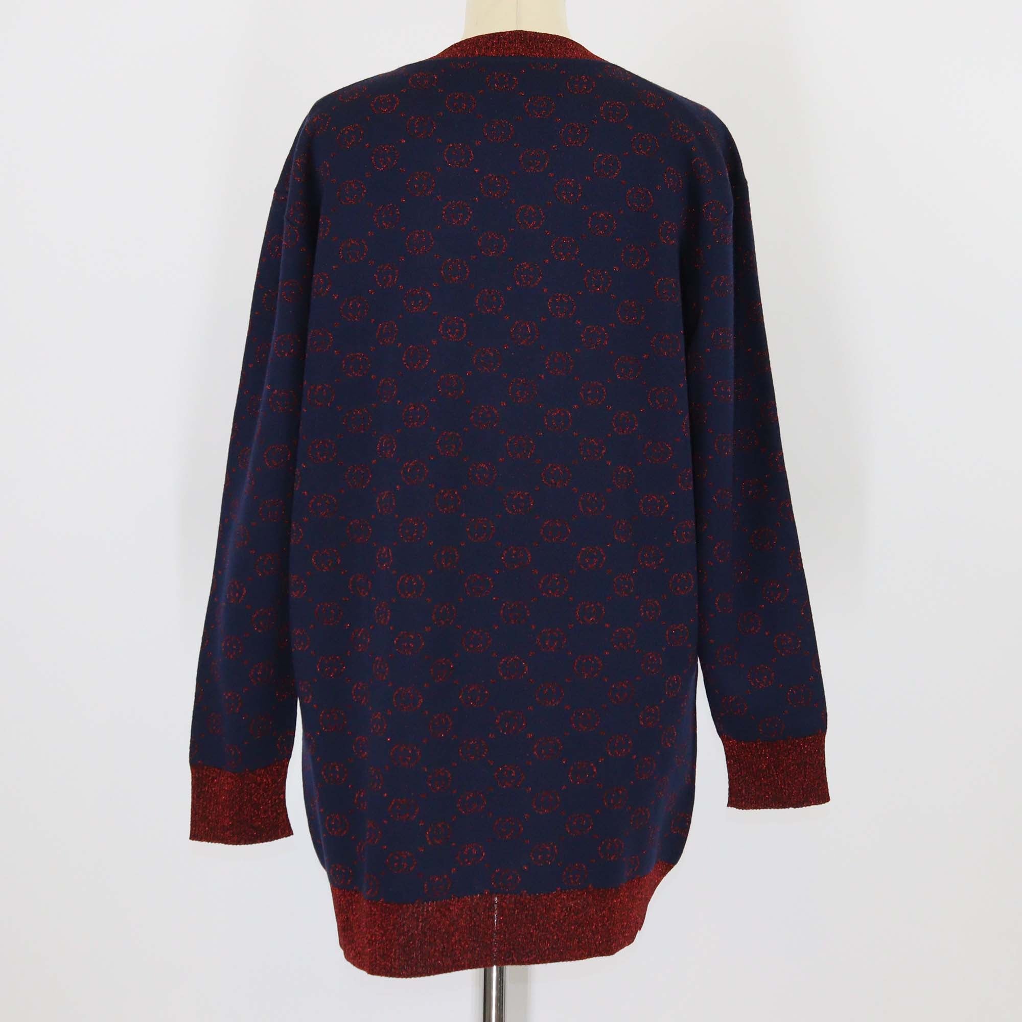 Gucci Navy Blue/Metallic Red GG Blend Wool Button Front Cardigan