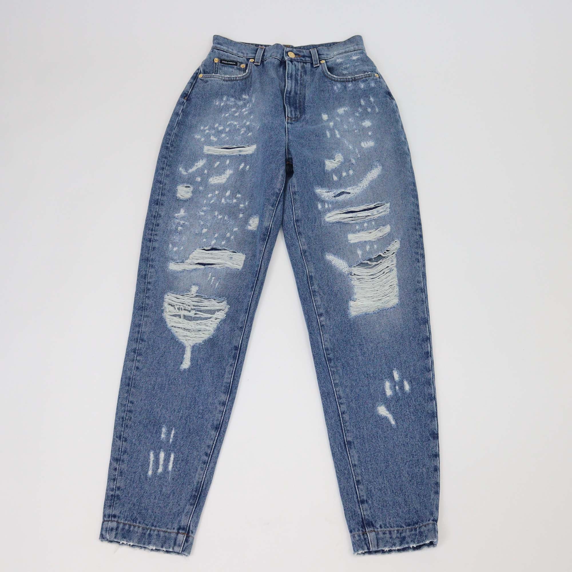 Dolce & Gabbana Washed Blue Denim Patchwork Pockets Ripped Pants
