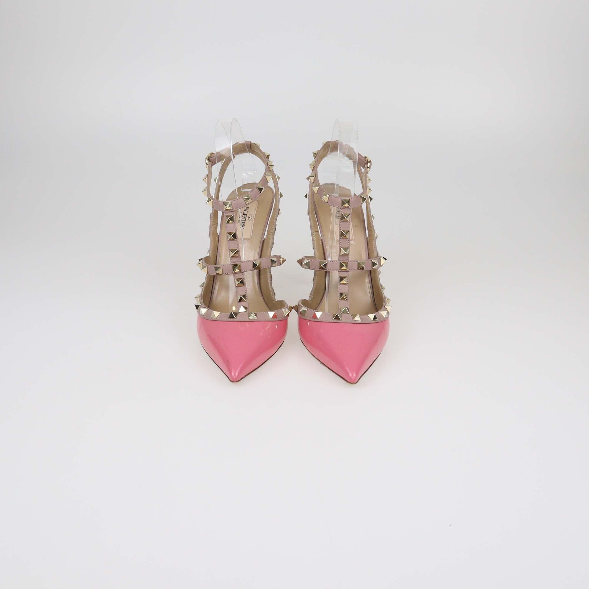 Valentino Pink/Beige Patent Rockstud Ankle Strap Sandals Womens Valentino 