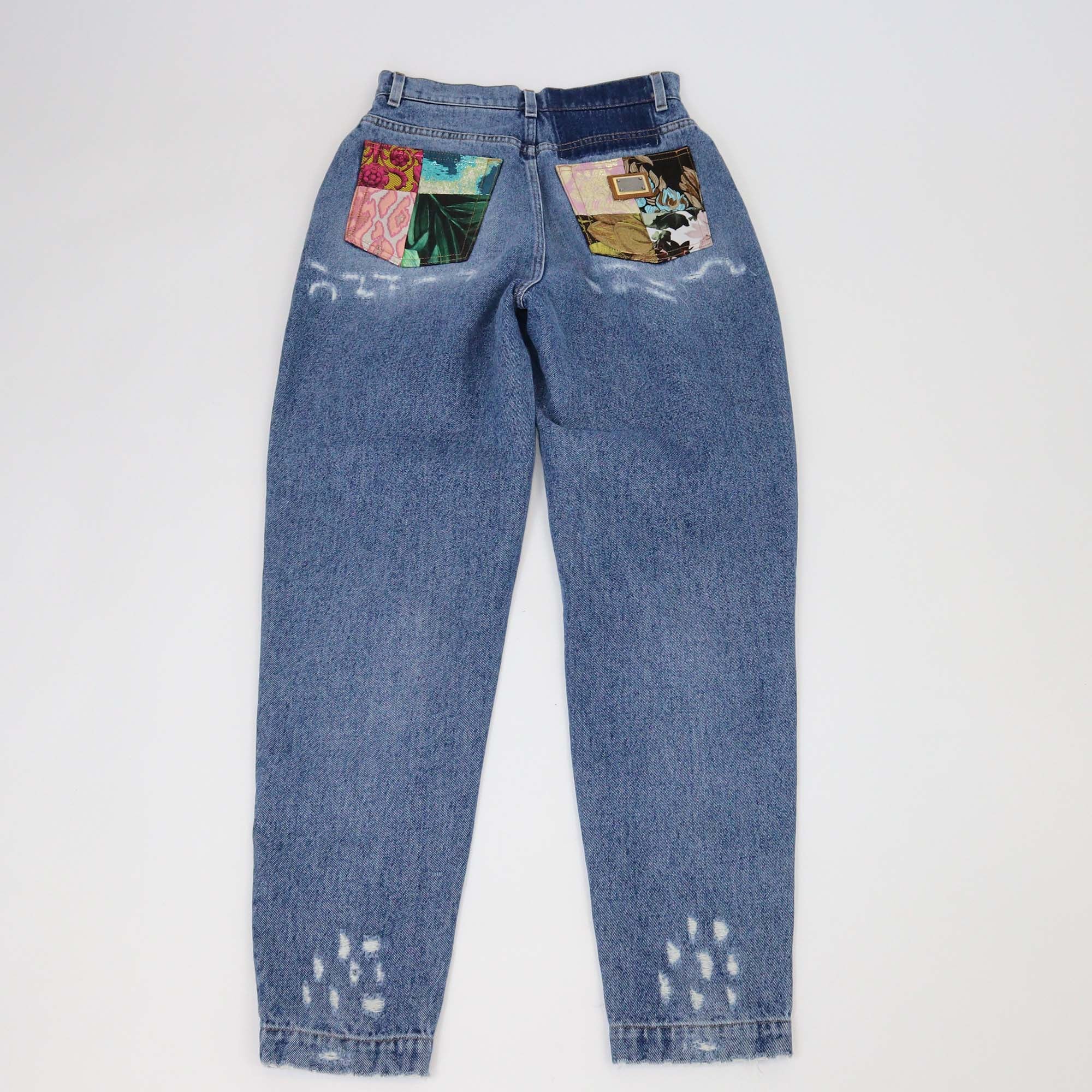 Dolce & Gabbana Washed Blue Denim Patchwork Pockets Ripped Pants
