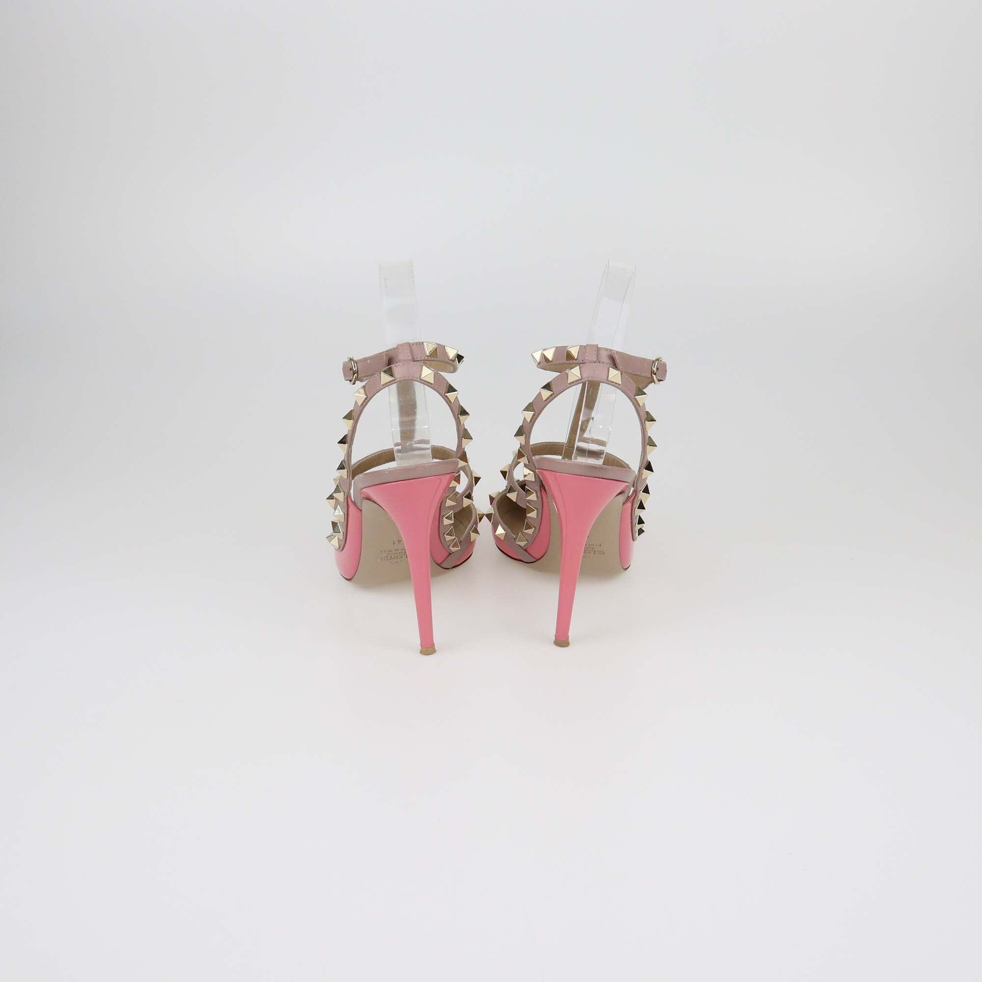 Valentino Pink/Beige Patent Rockstud Ankle Strap Sandals Womens Valentino 