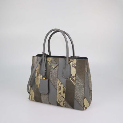 Prada Grey Exotic Skin and Leather Patchwork Double Handle Tote