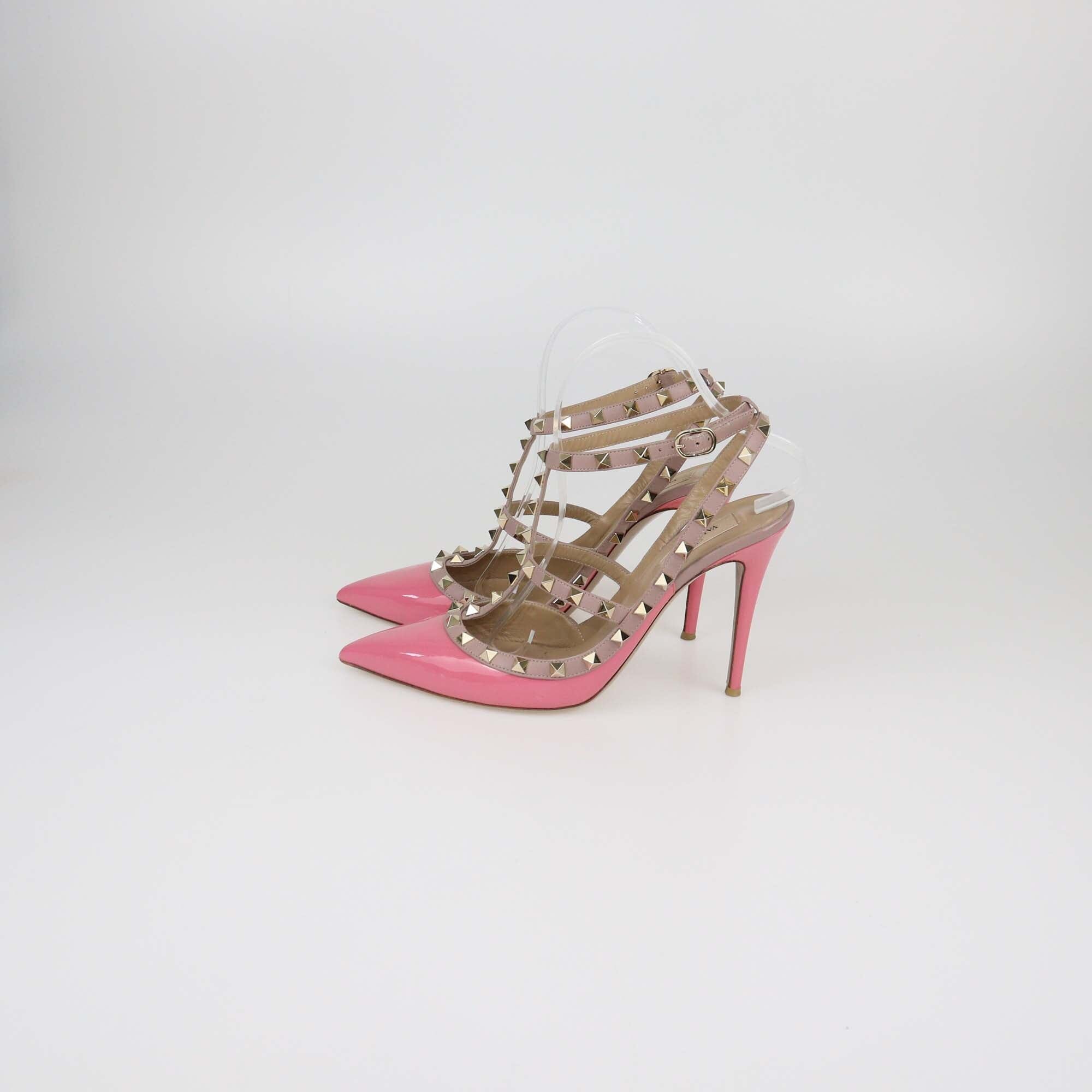Valentino Pink/Beige Patent Rockstud Ankle Strap Sandals Womens Valentino 