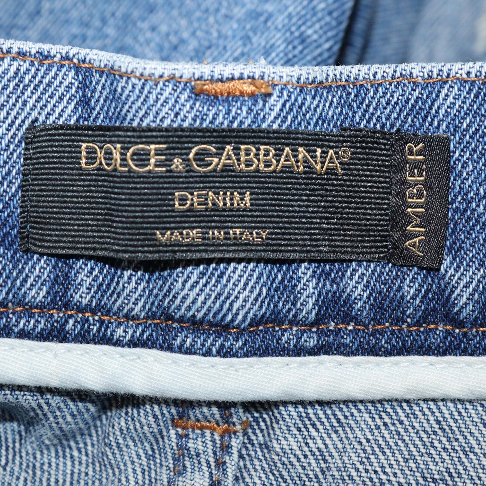 Dolce & Gabbana Washed Blue Denim Patchwork Pockets Ripped Pants
