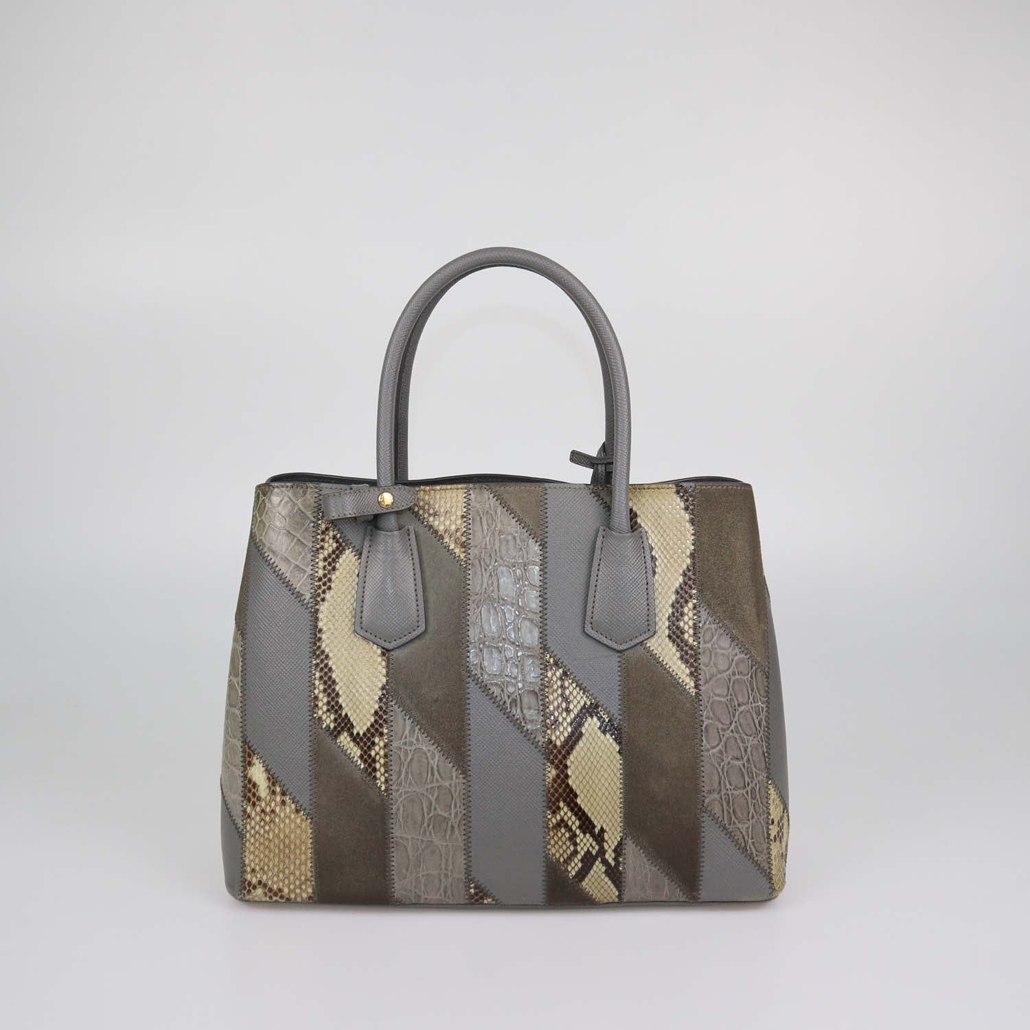 Prada Grey Exotic Skin and Leather Patchwork Double Handle Tote
