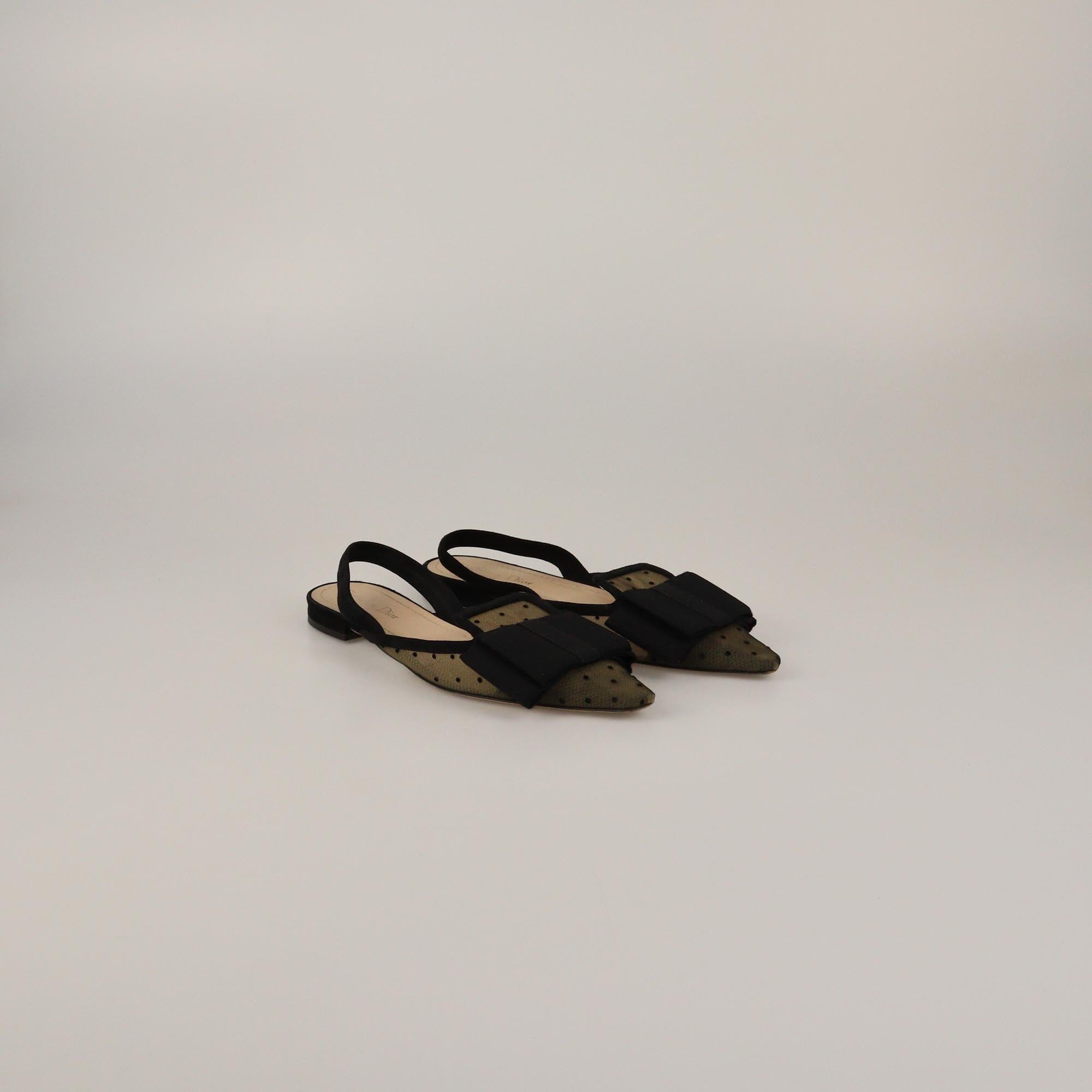 Christian Dior Black Mesh Trim Polka Dot Bow Slingback Flats Womens Christian Dior 