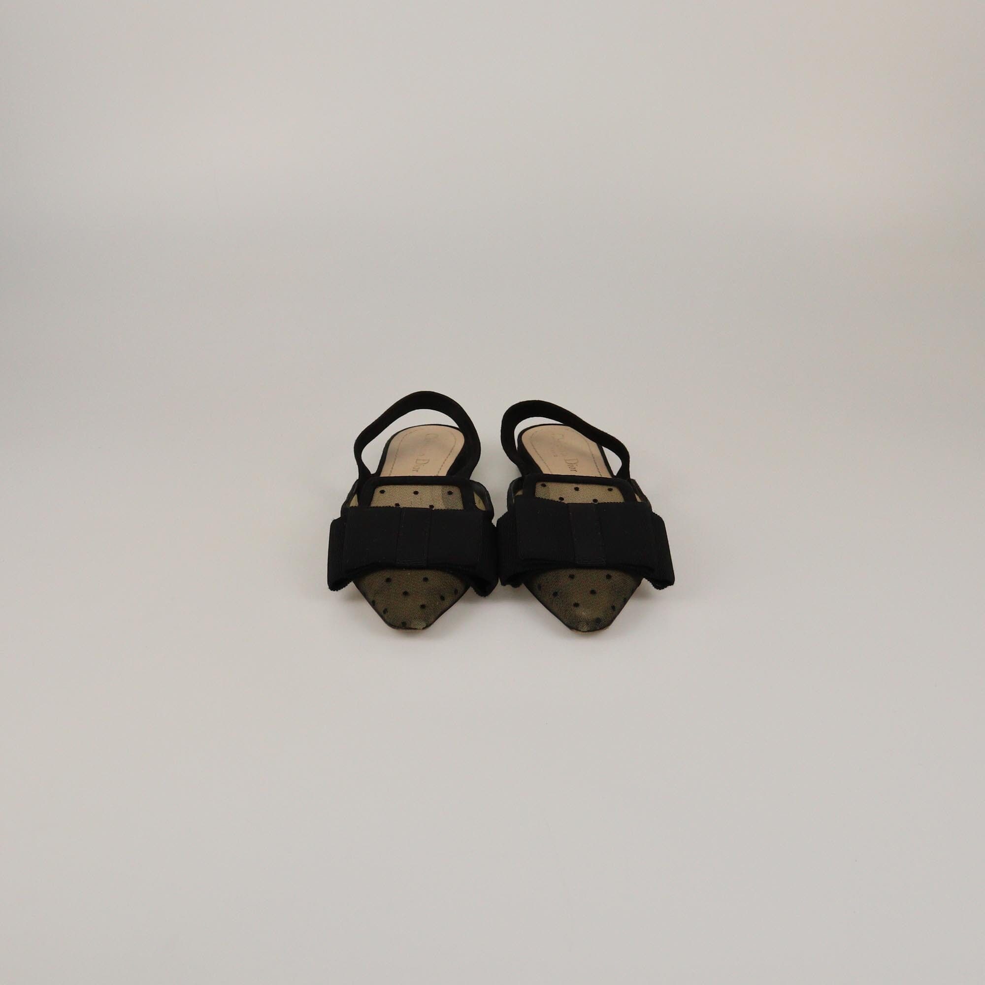 Christian Dior Black Mesh Trim Polka Dot Bow Slingback Flats Womens Christian Dior 