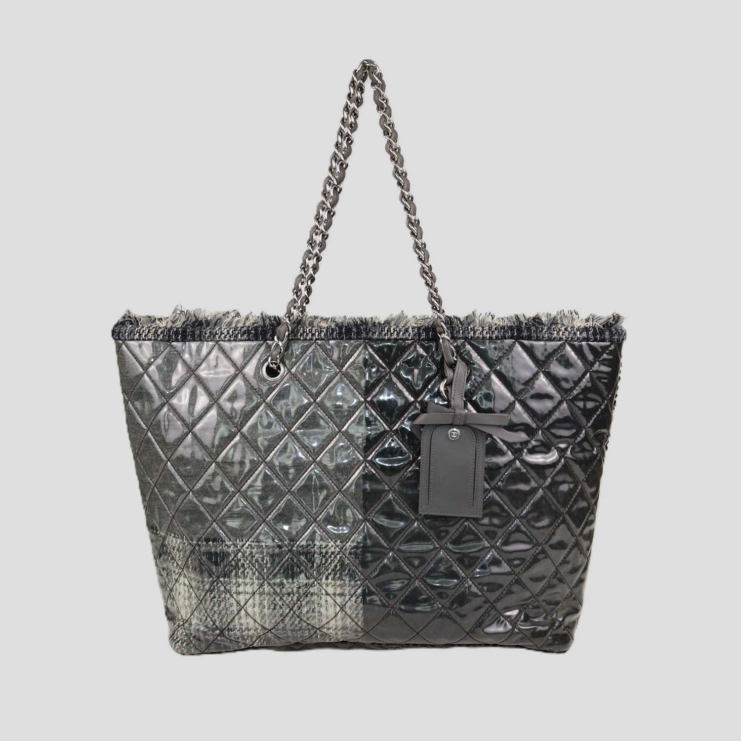 Chanel Grey Quilted Vinyl and Tweed Funny Patchwork Tote