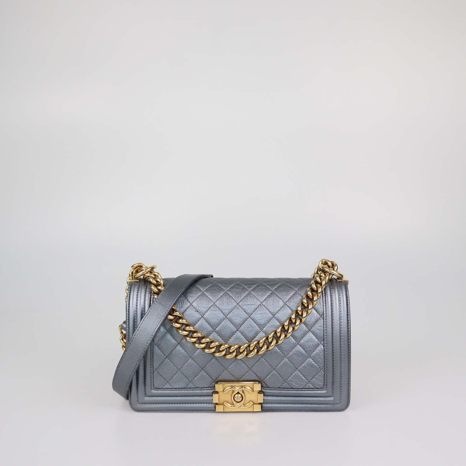 Chanel Metallic Grey Quilted Leather Medium Boy Flap Bag