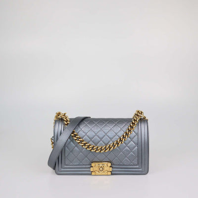 Chanel Metallic Grey Quilted Leather Medium Boy Flap Bag