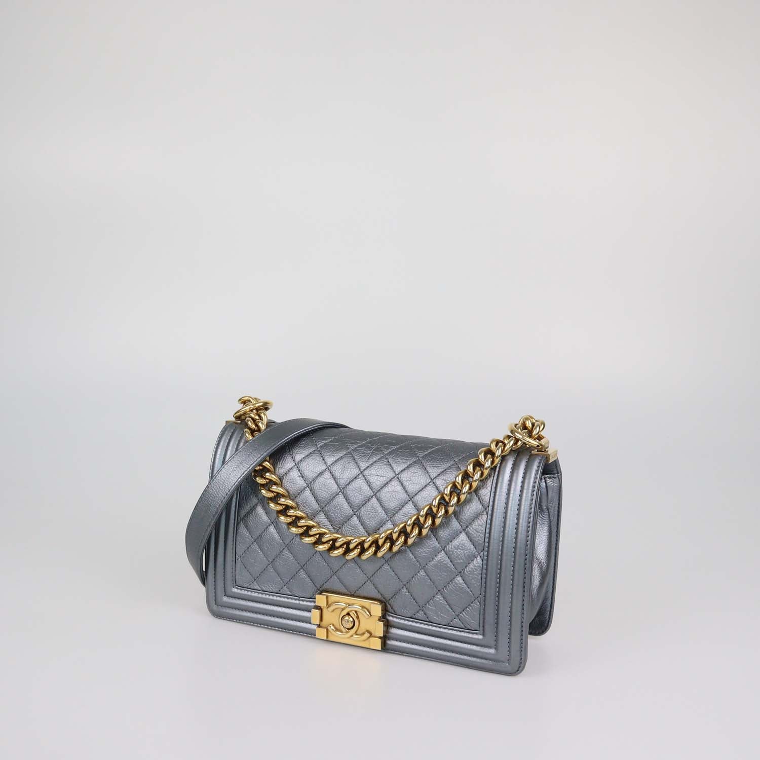 Chanel Metallic Grey Quilted Leather Medium Boy Flap Bag