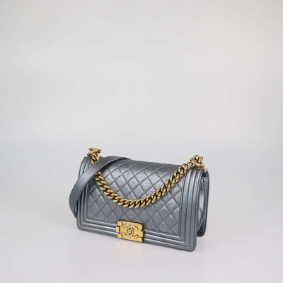 Chanel Metallic Grey Quilted Leather Medium Boy Flap Bag
