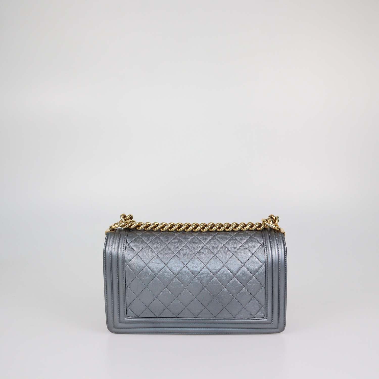 Chanel Metallic Grey Quilted Leather Medium Boy Flap Bag