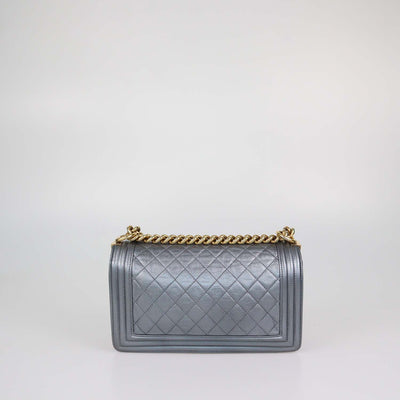 Chanel Metallic Grey Quilted Leather Medium Boy Flap Bag