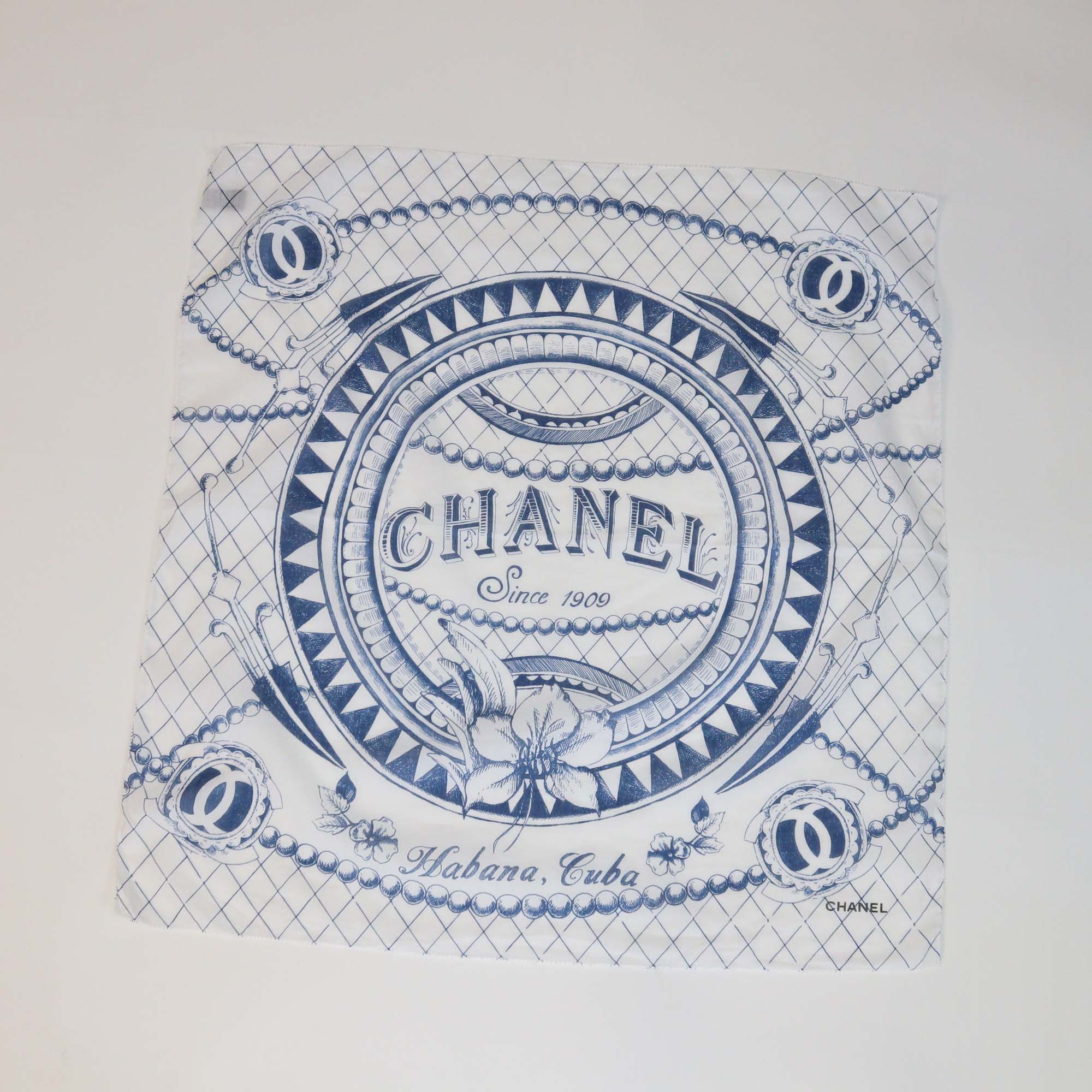 Chanel White/Blue Cotton Habana Cuba Print Silk Square Scarf