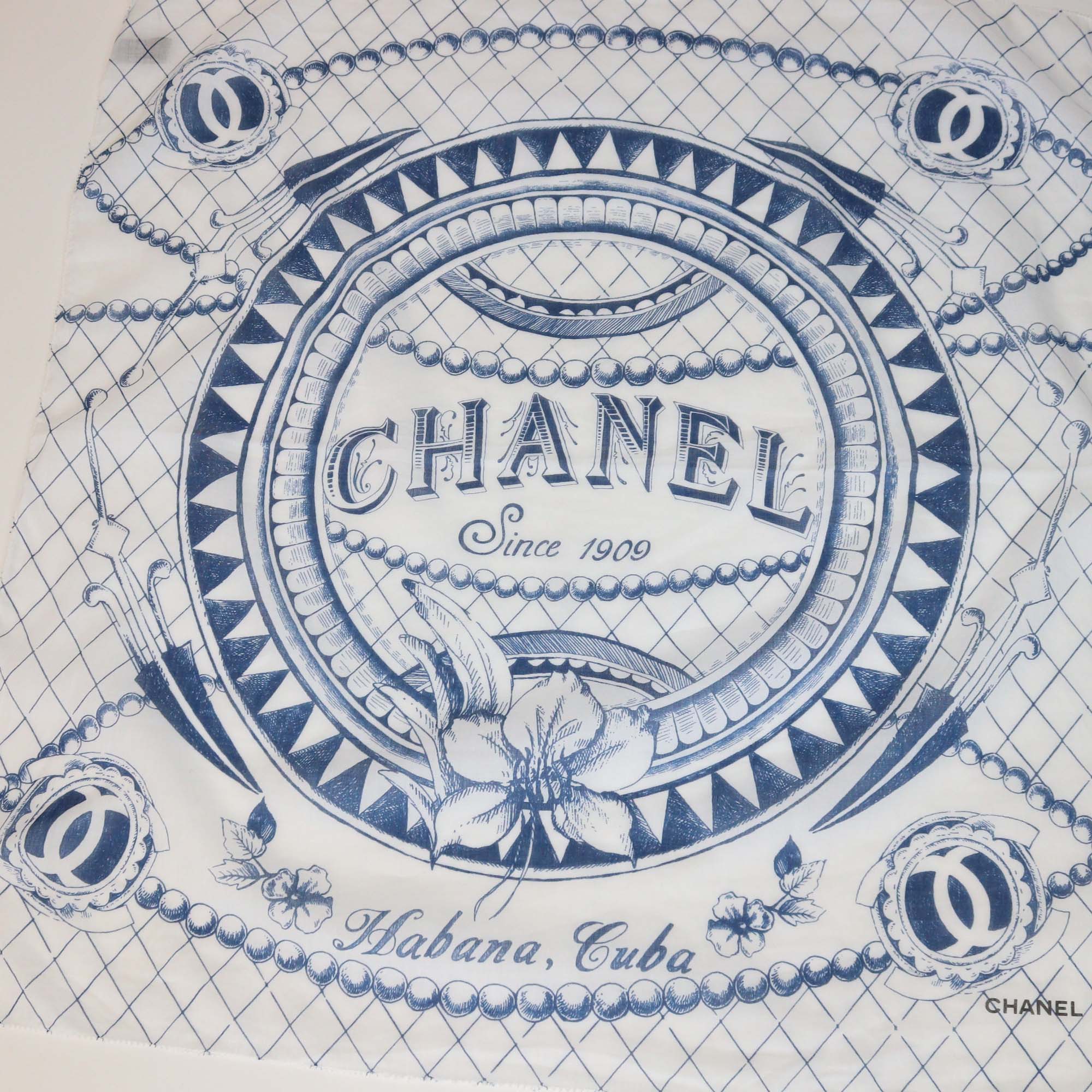 Chanel White/Blue Cotton Habana Cuba Print Silk Square Scarf
