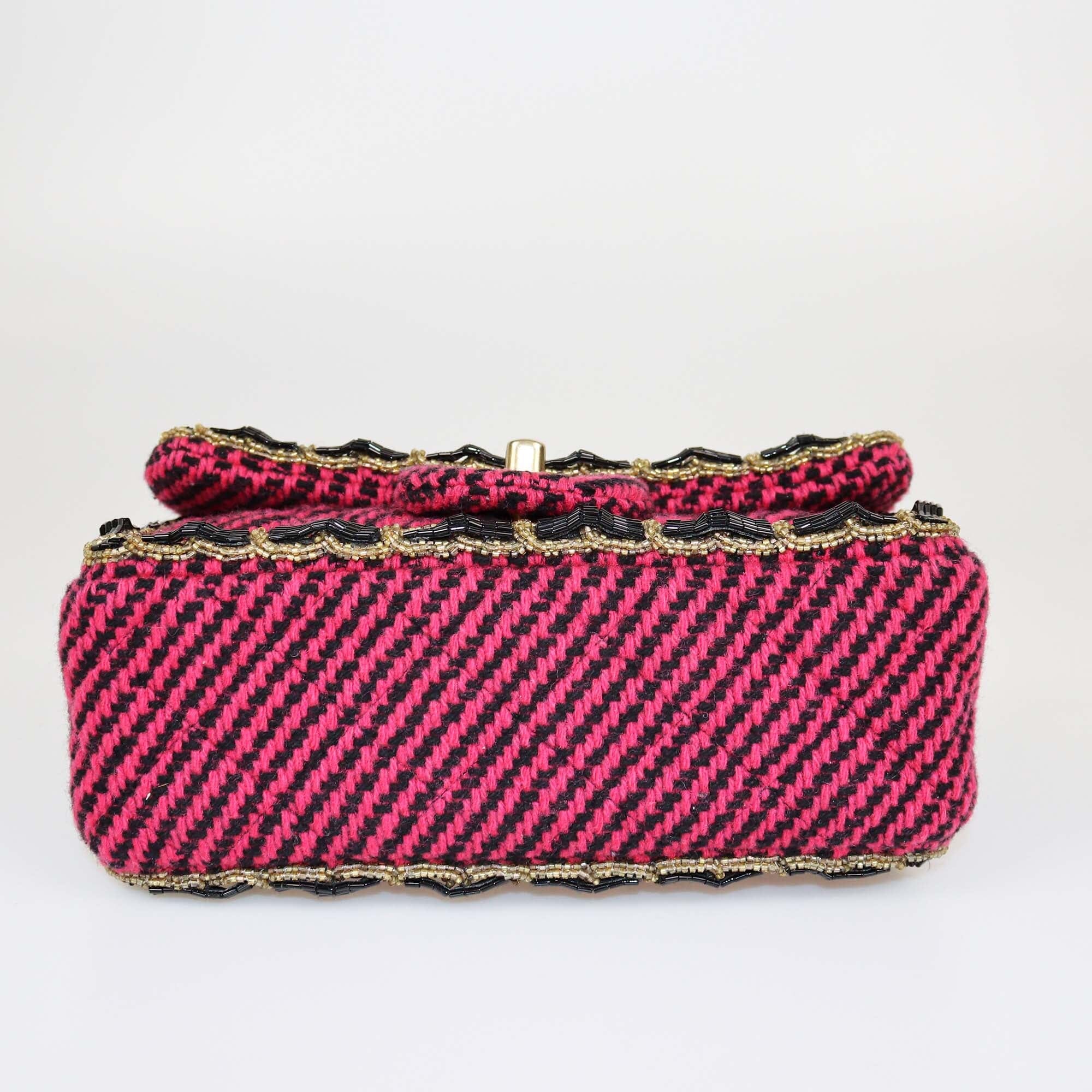 Chanel Magenta Quilted New Mini Tweed Beads Embellished Classic Flap Bag Womens Chanel 